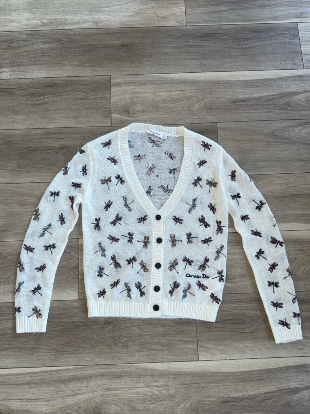 Dior White Embroidered Dragon Fly V-Neck Cardigan